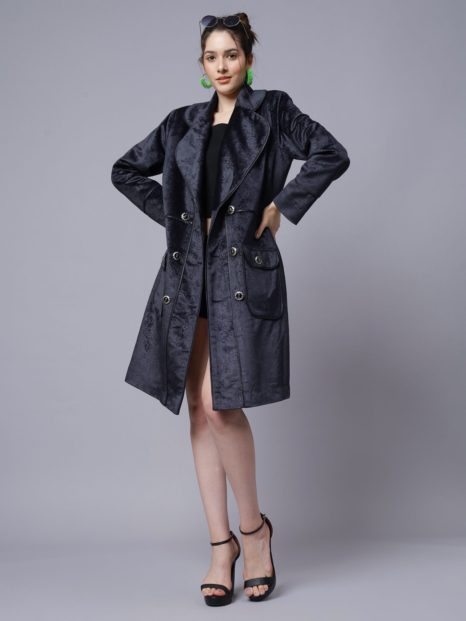 Denim Blue Embossed Velvet Coat ( LN0063 )