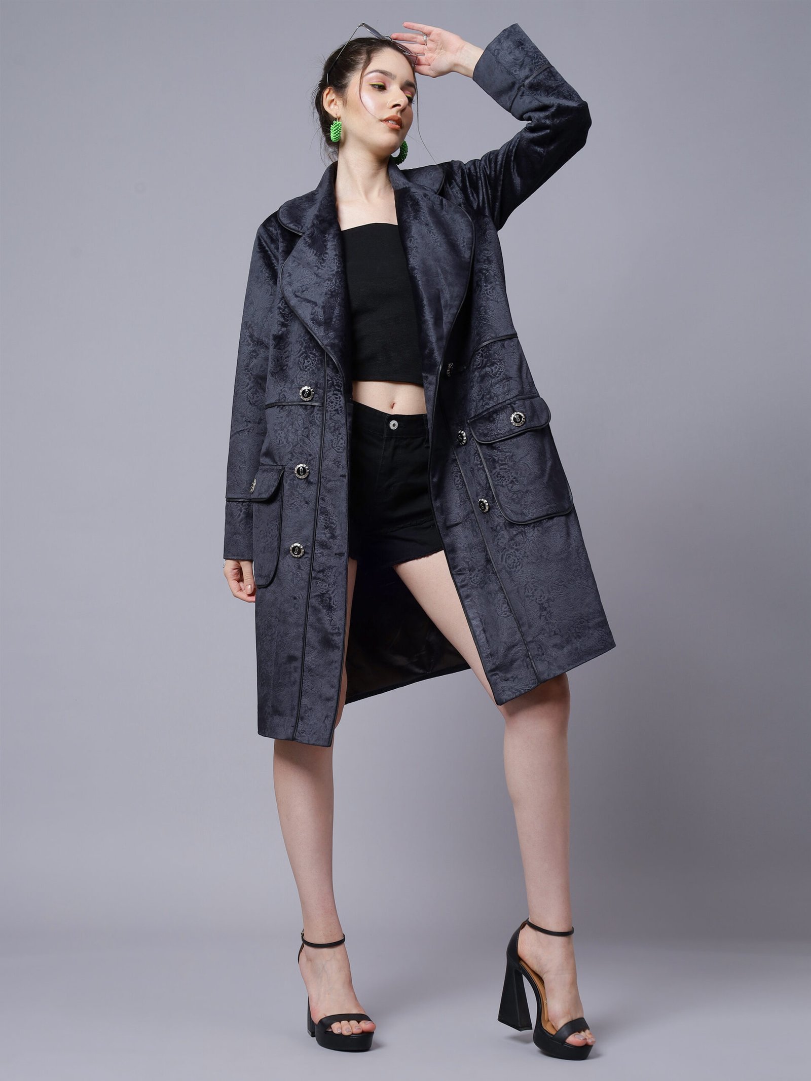 Denim Blue Embossed Velvet Coat ( LN0063 ) - Image 3