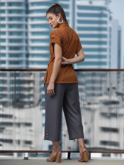 Mustard Floral Wrap Top with Steel Grey Capris (LN00148) - Image 2